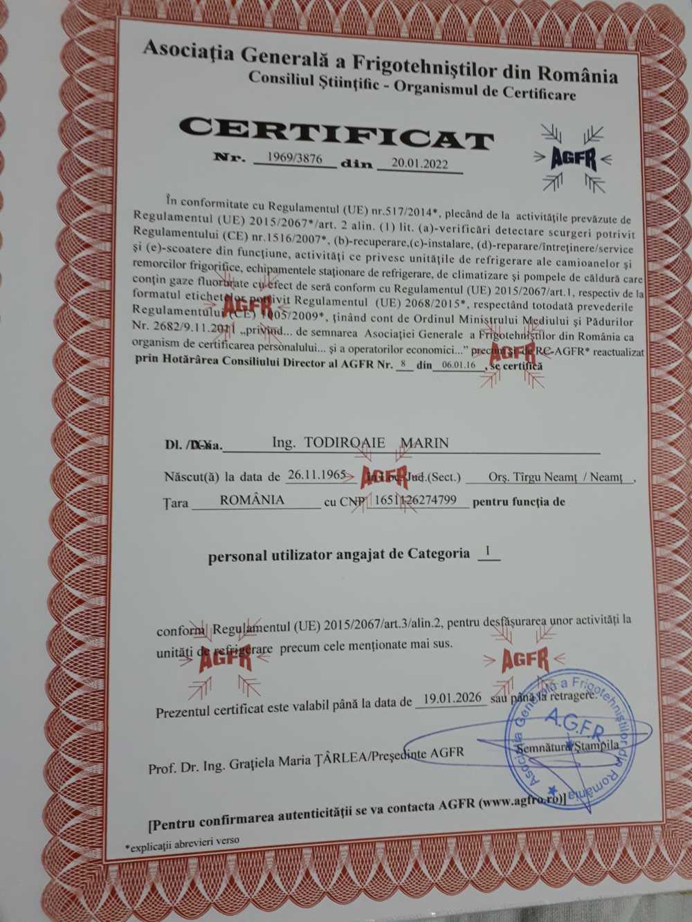 Certificat AGFR Todiroaie Marian