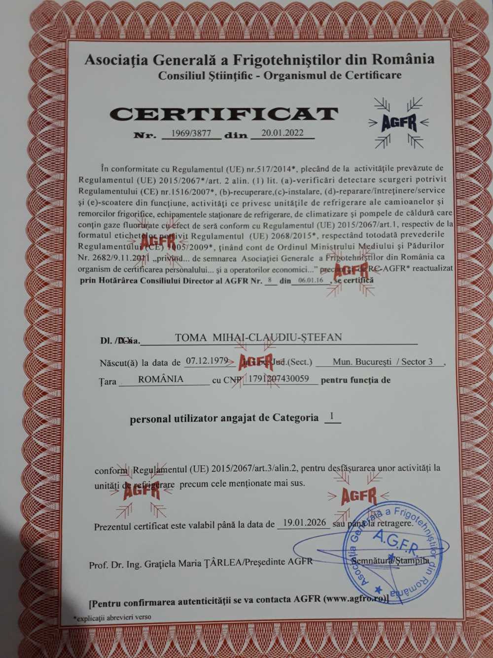 Certificat AGFR Toma Stefan