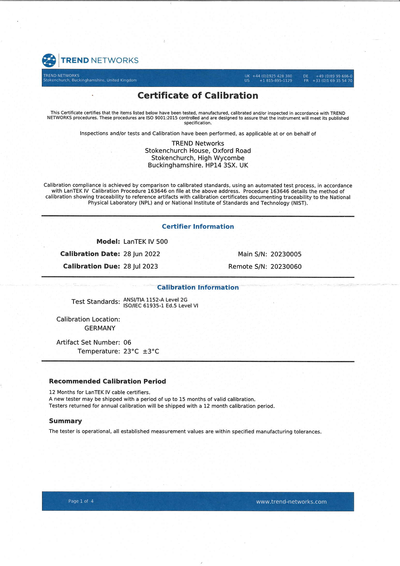 Certificat calibrare Lantek IV 500 (V)